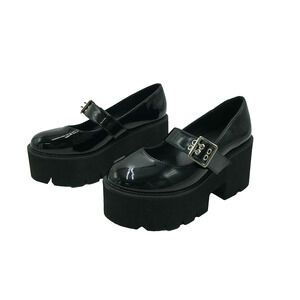 Liuruijia Women's 38 Platform Mary Janes Heels Black Patent Leather Goth Chunky